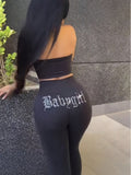 Rhinestone Strapless Crop Top High Waist Flare Pants 2 Piece Set Women Black Bodycon Streetwear Spring Summer S-XXL