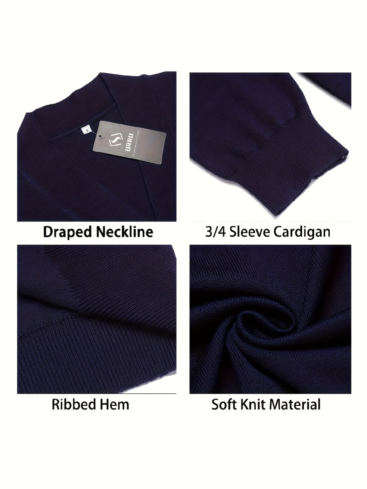 Cropped Open Front Cardigan Women 3/4 Sleeve Knit Shrug Ribbed Hem Draped Neckline Lightweight Stretchy Layering Top 9 Colors Spring Summer Fall S-XXL
