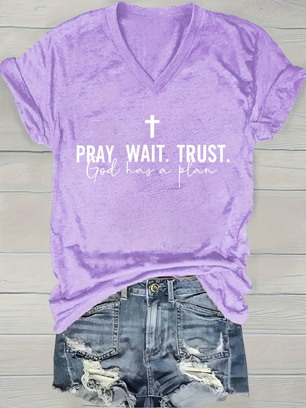 Faith Slogan V-Neck Tee Women Pray Wait Trust Print Short Sleeve 180gsm Casual Spring Summer Inspirational Top S-XXL