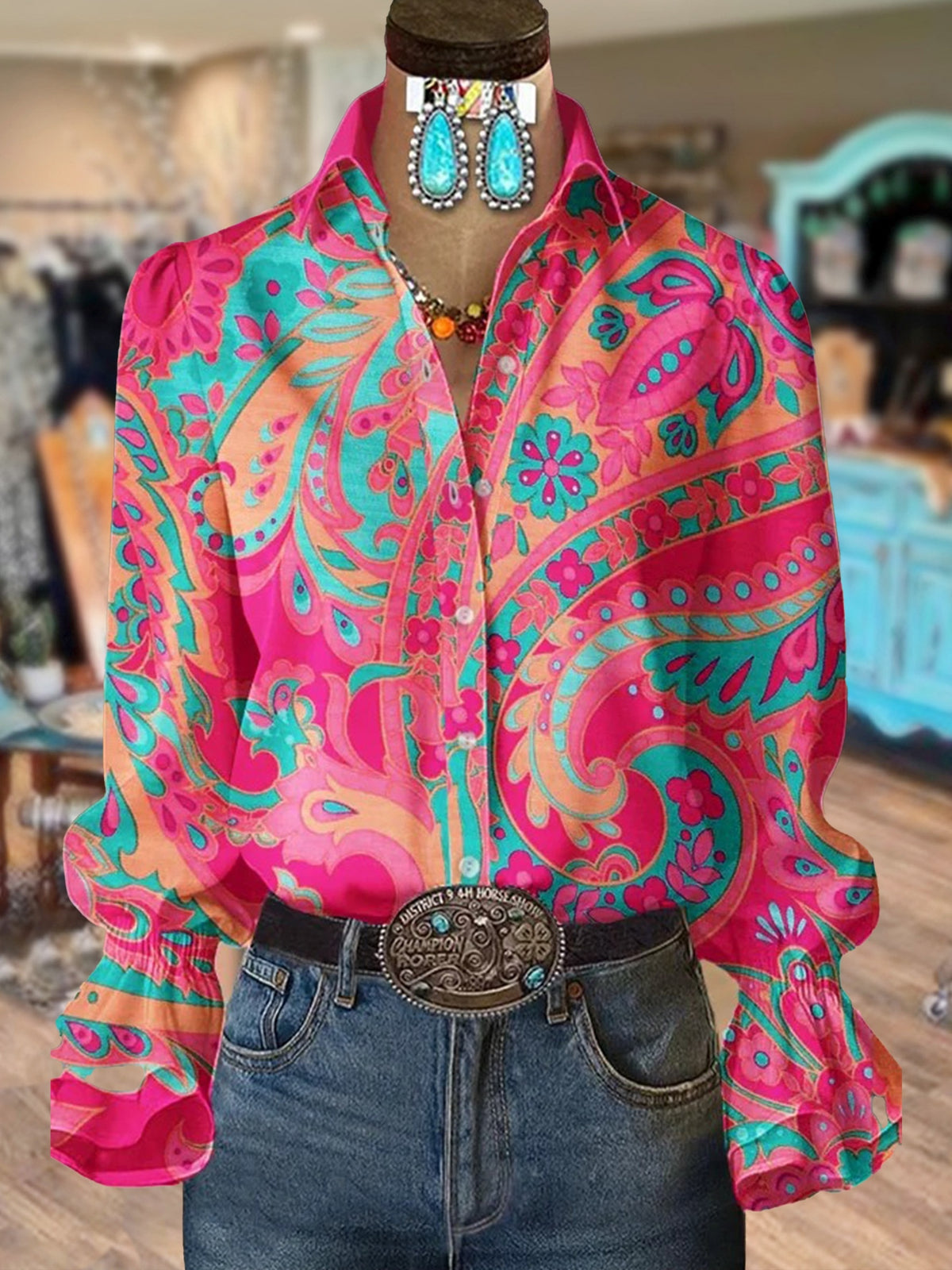 Paisley Print Lantern Sleeve Blouse Women Boho Chic Summer Top Hot Pink Teal Multicolor Party Shirt S-XL