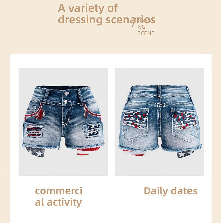 Stretch Denim Shorts for Women - Retro Color Block Embroidery Mid Rise Slim Fit, Built-In Zipper Machine Washable Cotton Blue Casual Jean Shorts for Spring Summer