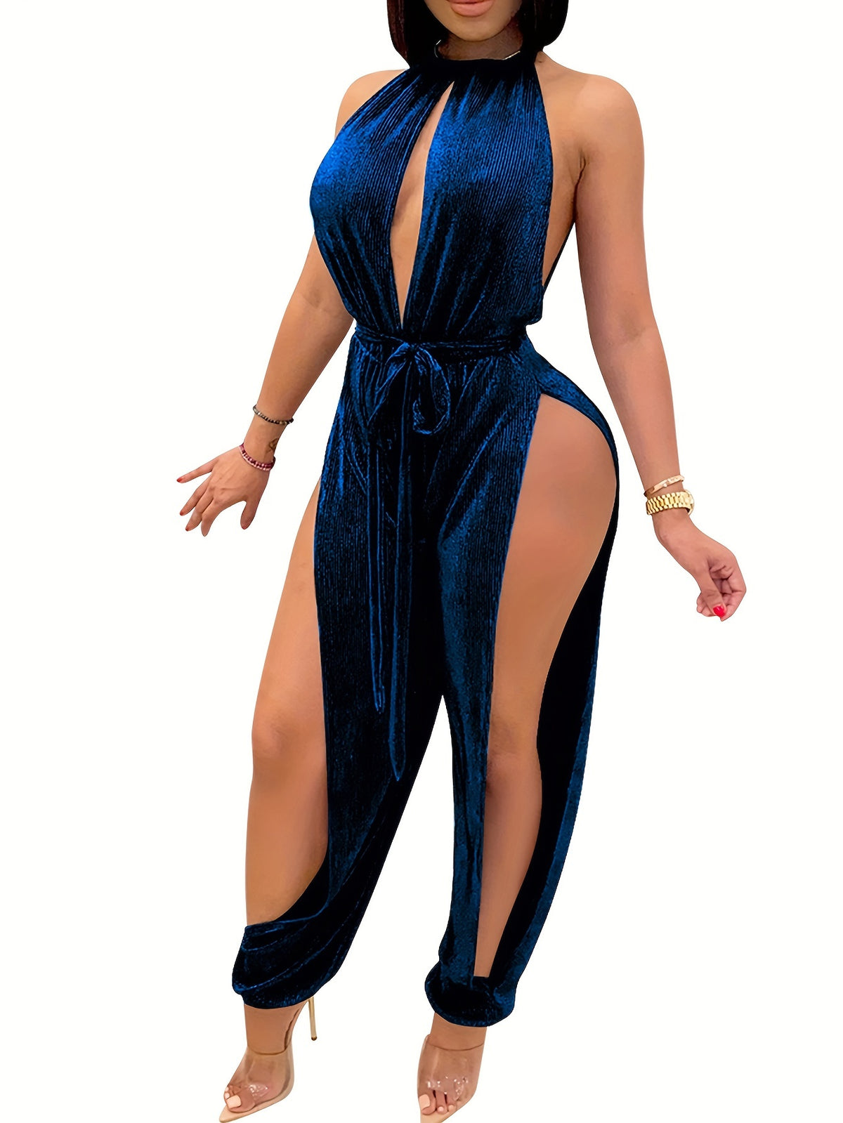 Women Sexy Velvet Halter Backless Bodycon Jumpsuit Party Club Night Evening Elegant Black Red Blue Khaki S-XXL