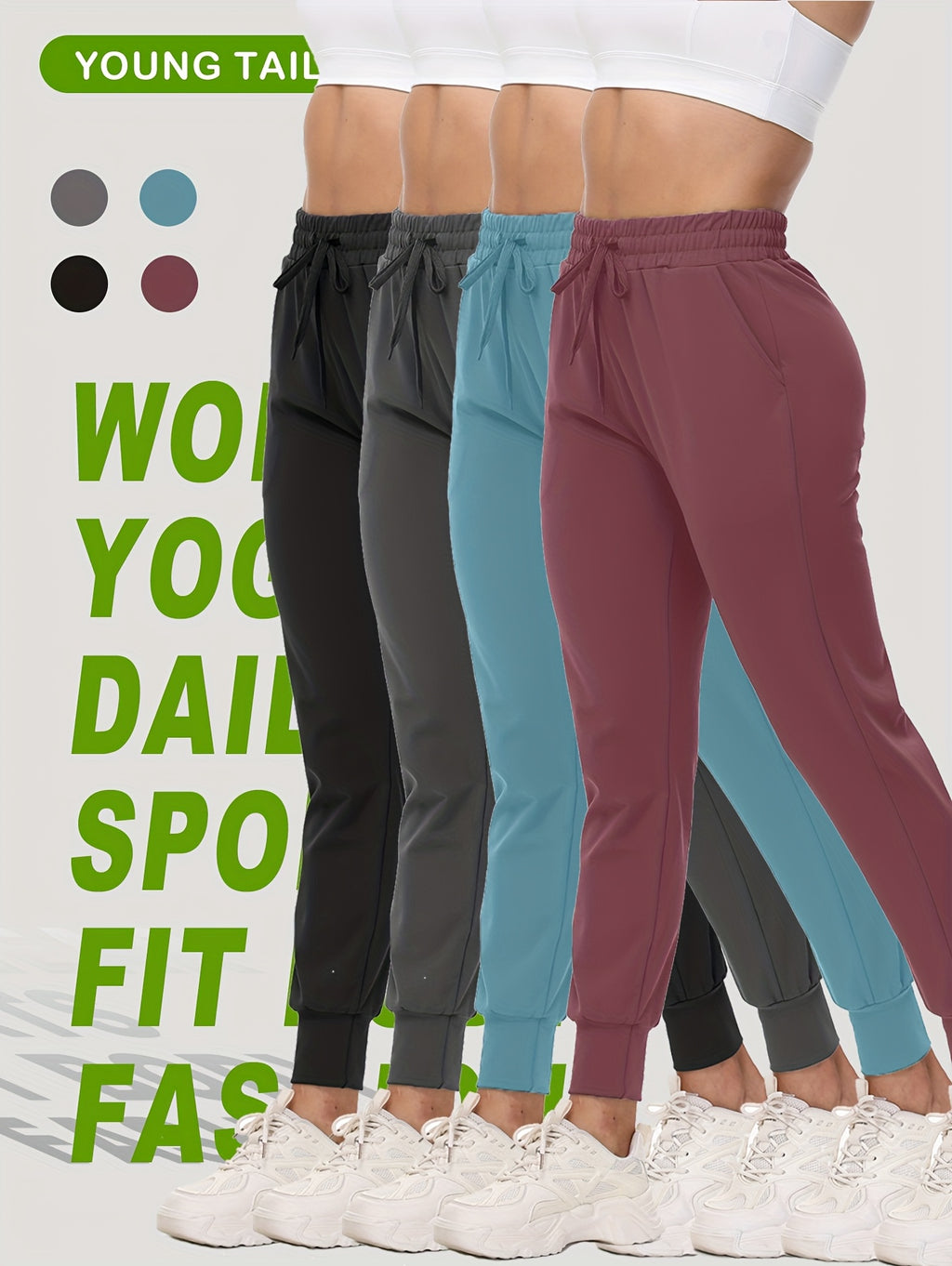 4 Piece Jogger Sweatpants Set Women Drawstring Waist Pockets Soft Lightweight Solid Color Lounge Travel Casual Year Round Regular Fit