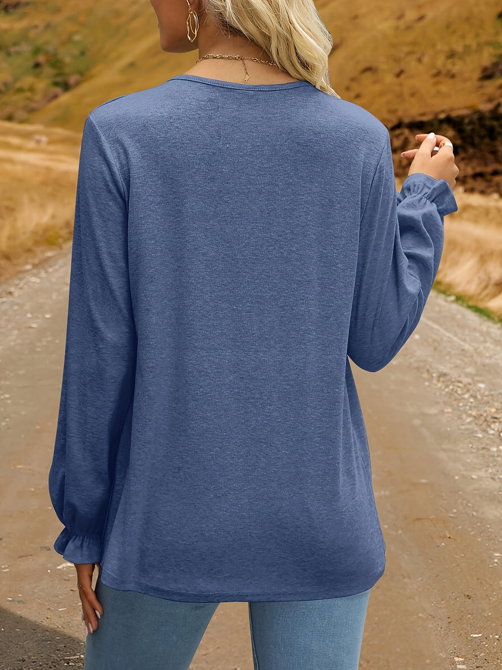Pleated Ruffle Blouse Women's Long Sleeve Loose Fitting Tunic Top Crew Neck Solid Color Shirt S-XXL | Mira Roam