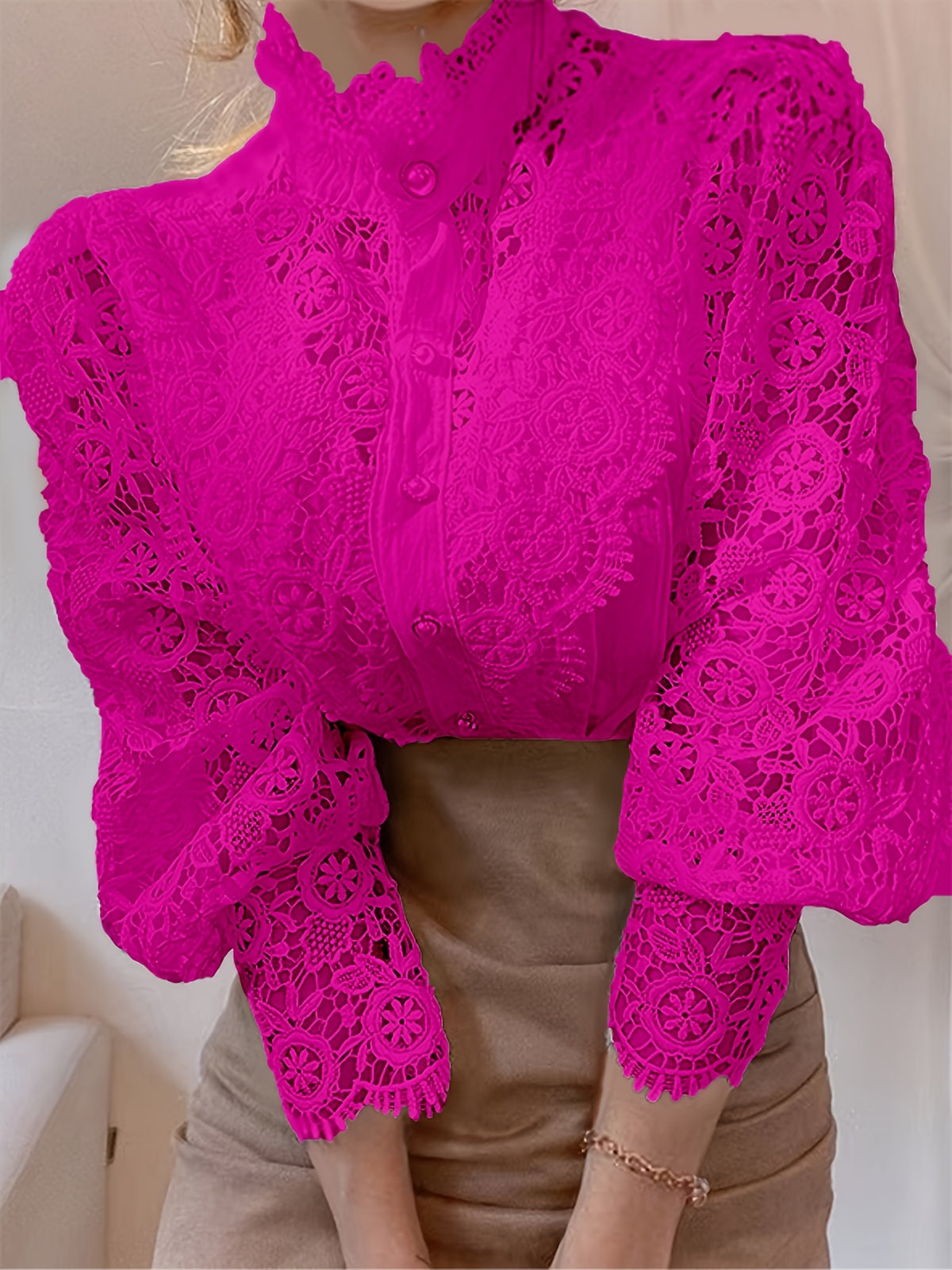 Heavy Lace Stand Collar Blouse for Women – Hollow Flower Long Sleeve Top with Pearl French Buttons, Elegant Solid Color Dressy Shirt