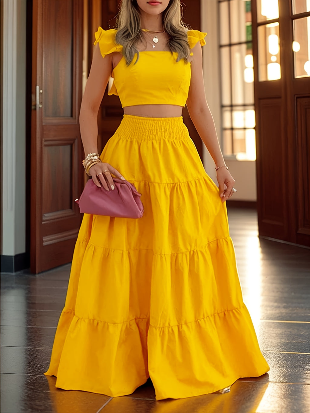 Off Shoulder Ruffle Top and Maxi Skirt 2 Piece Set for Women – Lettuce Trim Sleeveless Fashion Outfit, Spring Summer, Sizes S-XXL