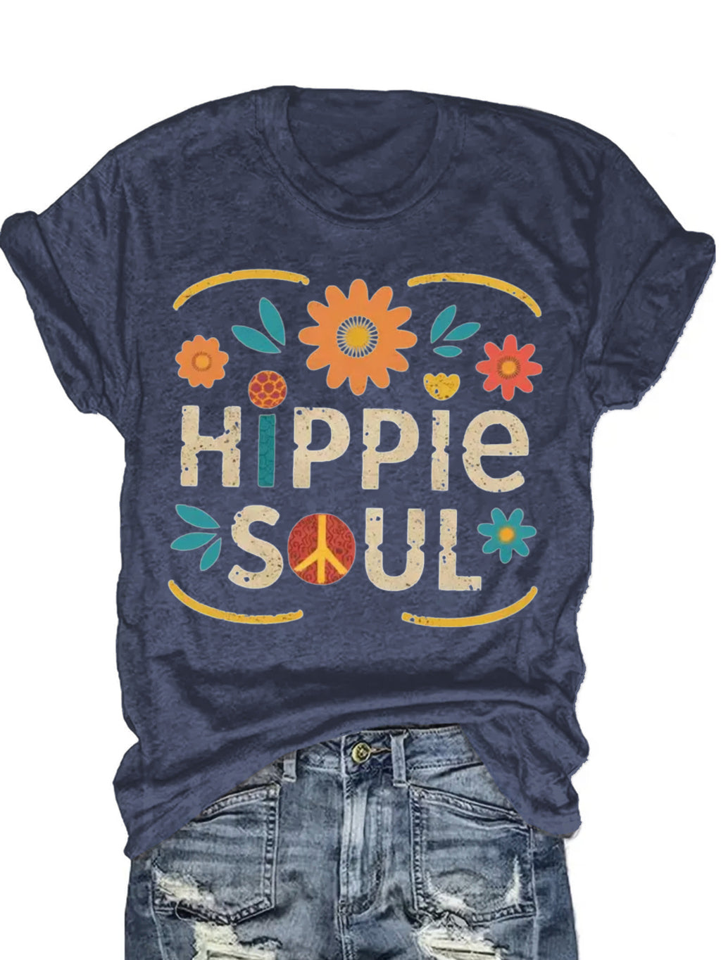 Hippie Soul Boho Graphic Tee Women Vintage Floral Print Festival Casual Comfortable Blend T-Shirt 5 Colors S-XXL