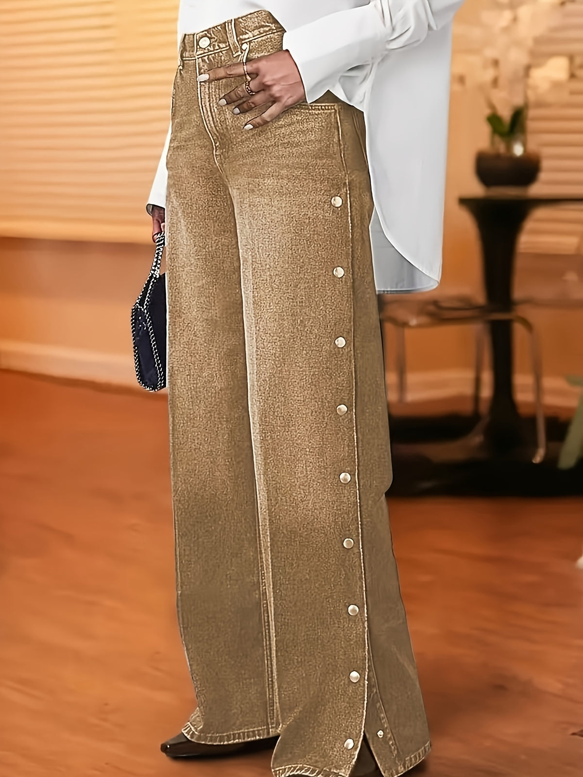 High Waist Wide Leg Denim Jeans Women Side Snap Buttons Loose Fit Casual Pants 2 Colors S-XXL
