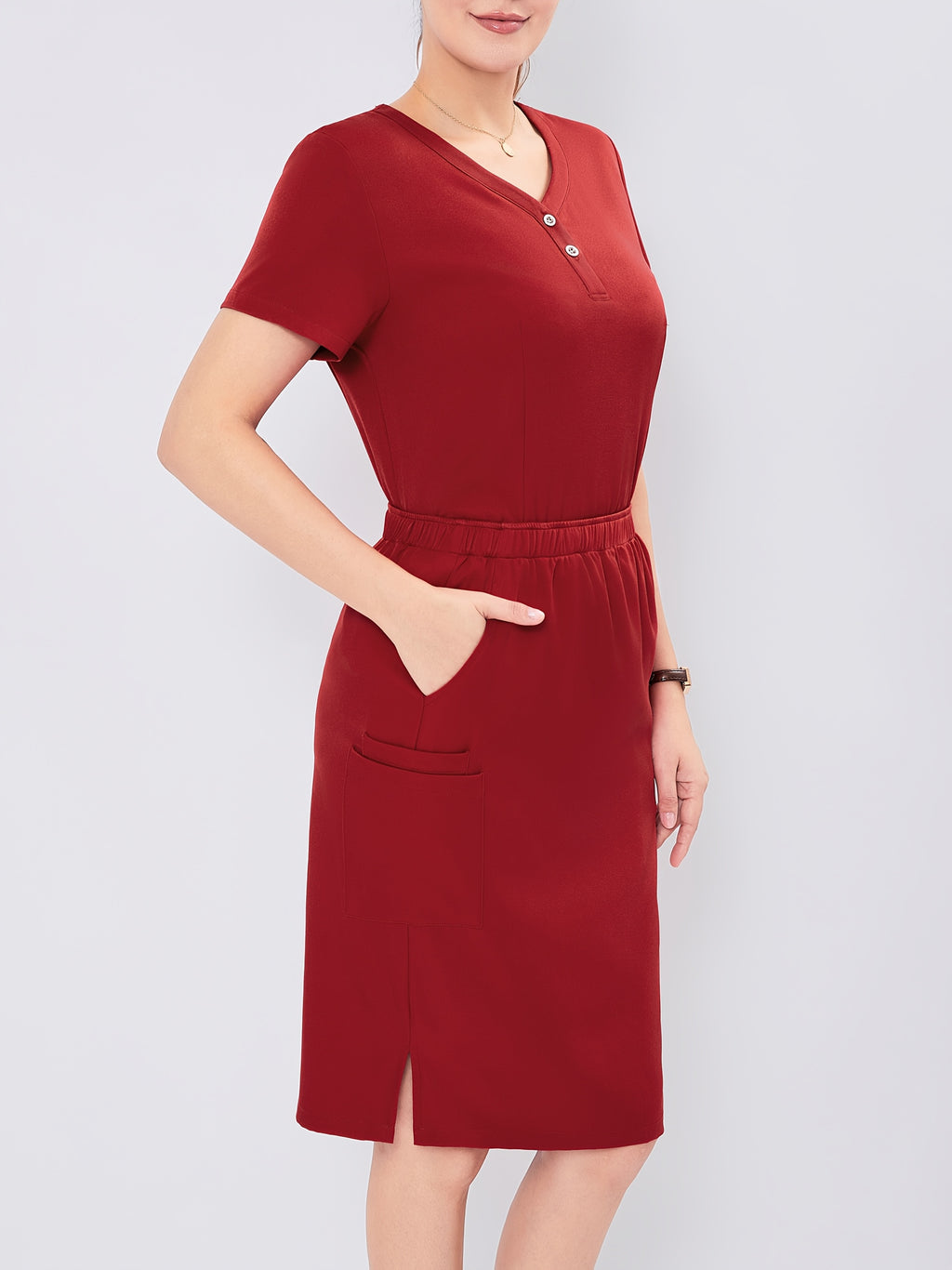 Women's V-Neck Scrub Set Short Sleeve Medical Uniform Beauty Salon Polyester Solid Color Top & Skirt with Pockets