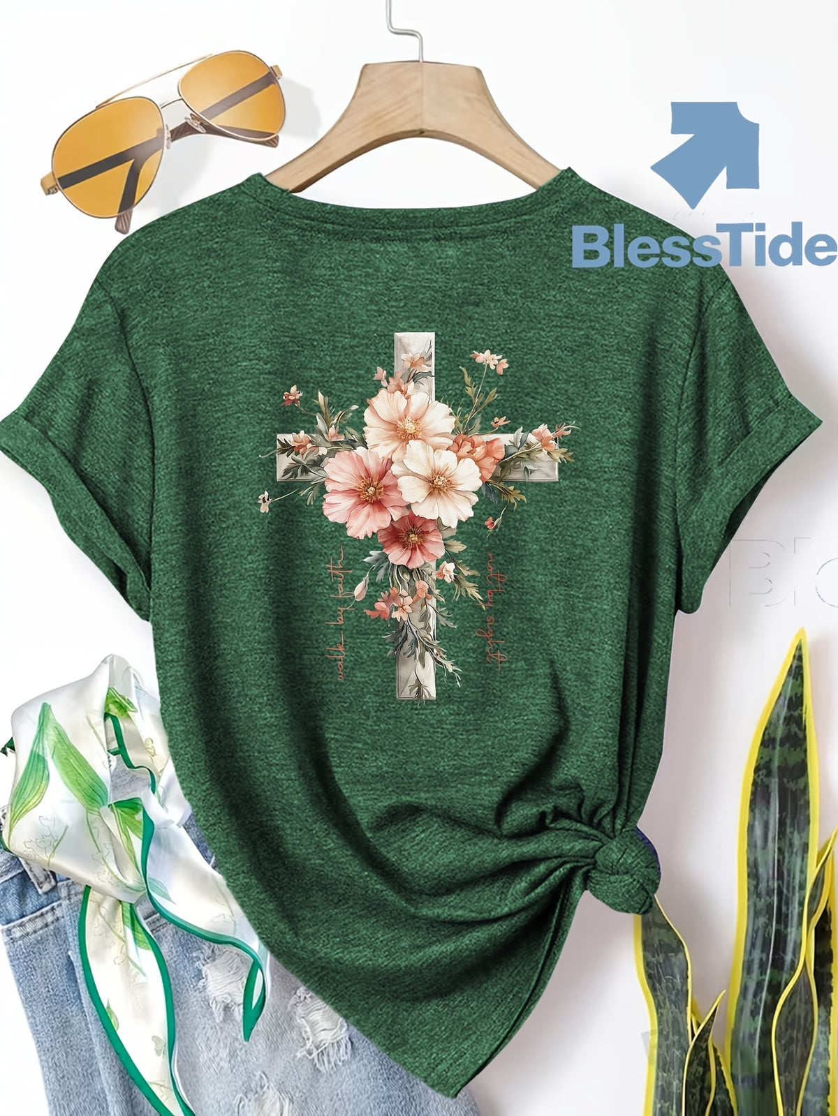 Jesus Floral Cross Double-Sided Print T-Shirt for Women - Faith Inspired Crew Neck Casual Christian Tee Summer Trendy Graphic Top