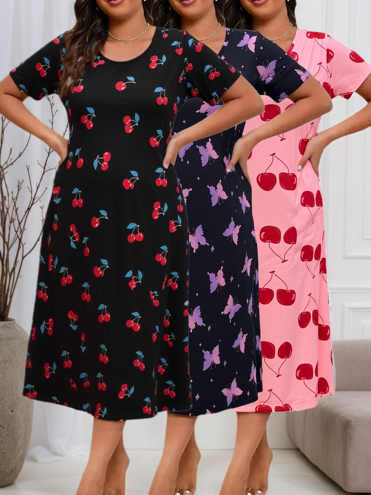 Plus Size Women 3pcs Short Sleeve Casual Dress Loose Round Neck Color Block Leopard Print Maternity Dress Spring Summer