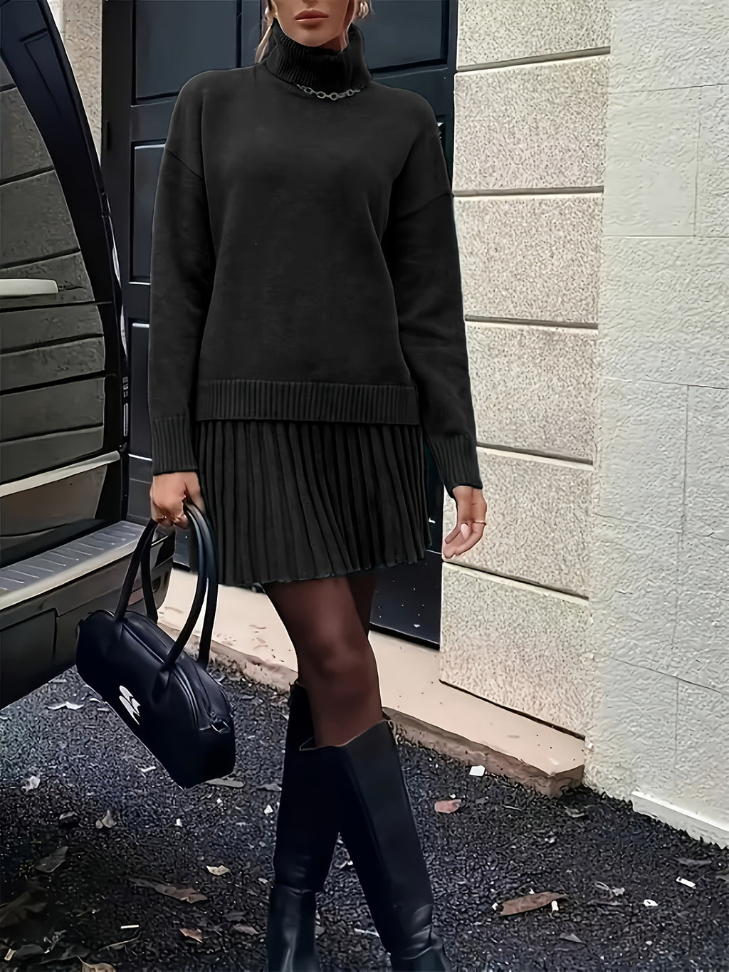 High-Neck Sweater Pleated Skirt Two-Piece Set Women Elegant Drop Shoulder Long Sleeve | Chic Knit Top + Pleated Skirt Co-Ord for Fall Winter Office & Daily Wear