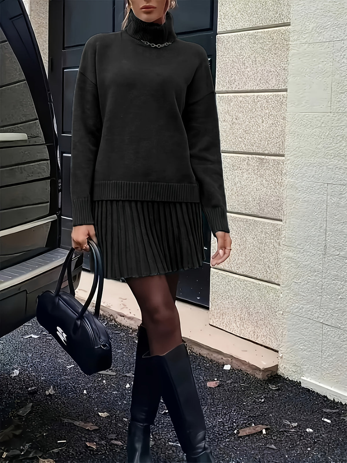 High-Neck Sweater Pleated Skirt Two-Piece Set Women Elegant Drop Shoulder Long Sleeve | Chic Knit Top + Pleated Skirt Co-Ord for Fall Winter Office & Daily Wear