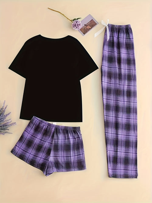 3 Piece Lounge Set Women Heart Print Round Neck Top Checkered Elastic Shorts and Pants Casual Comfortable Home Wear Soft Matching Set S-XXL