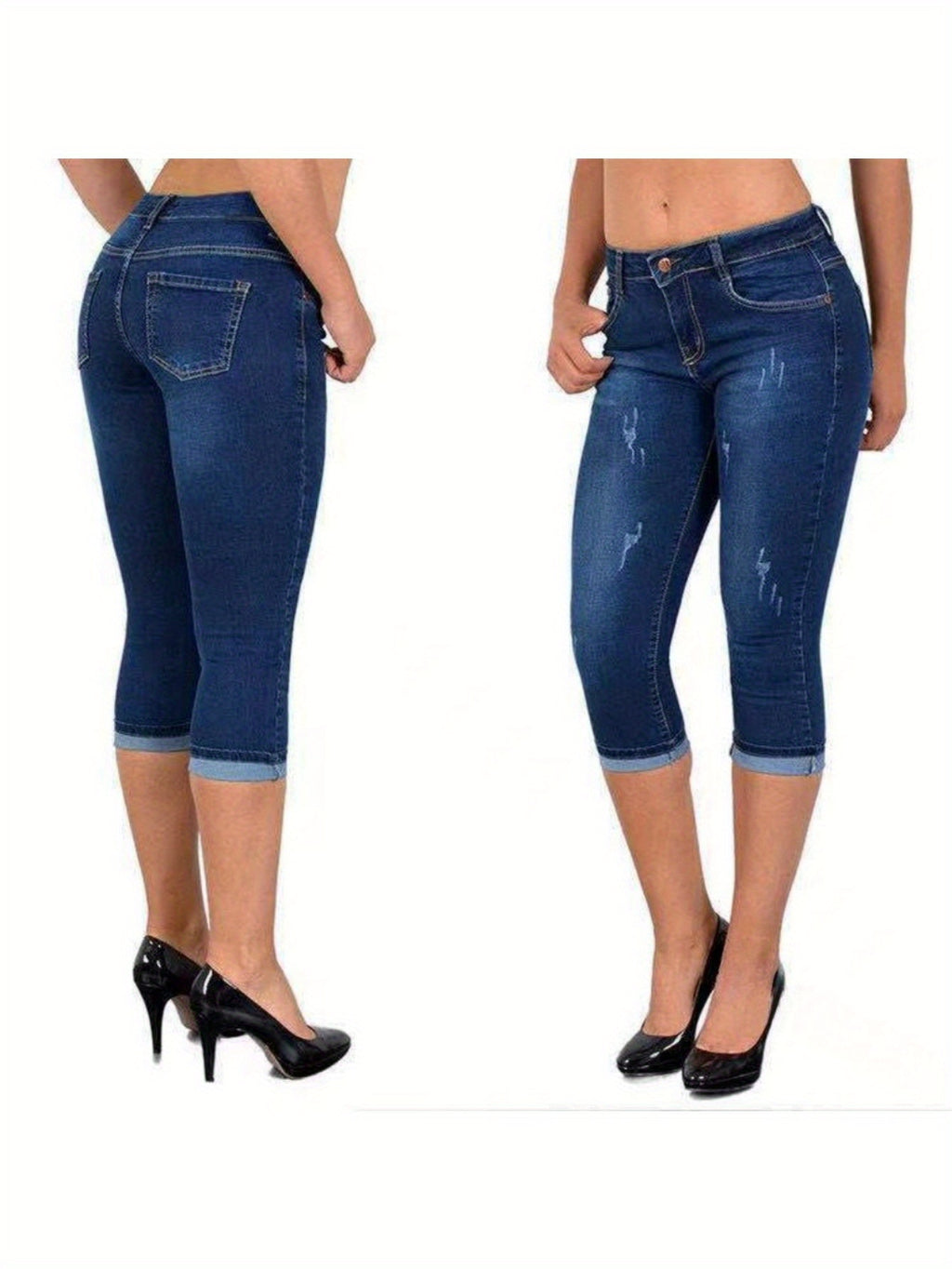 Stretch Skinny Capri Jeans Women Elastic Waist Cropped Denim Pants Street Style Summer Black Light Blue Dark Blue S M L XL XXL