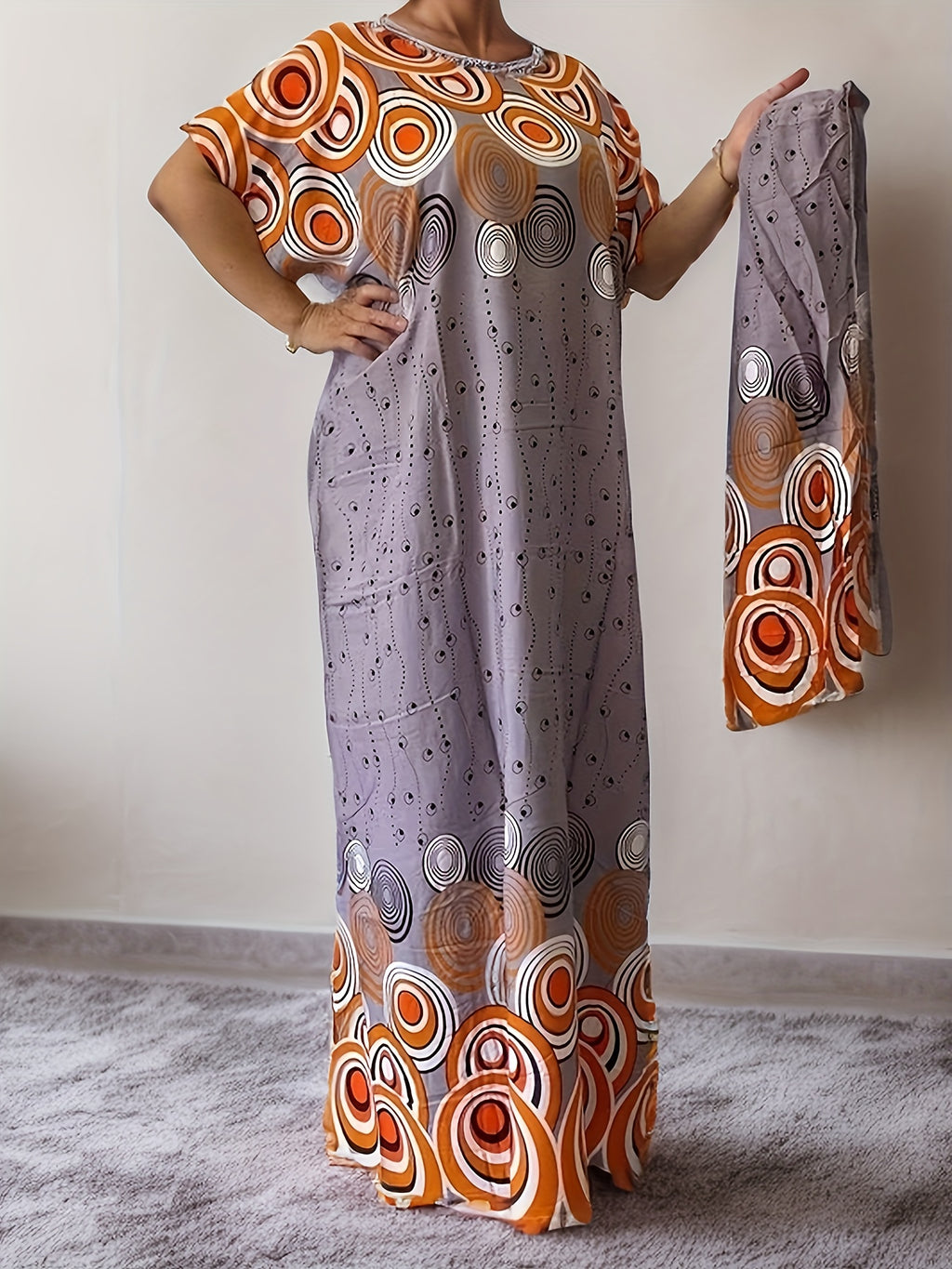 Geo Print Boat Neck Batwing Sleeve Maxi Dress Women Loose Flowy Casual Cover Up Dress One Size