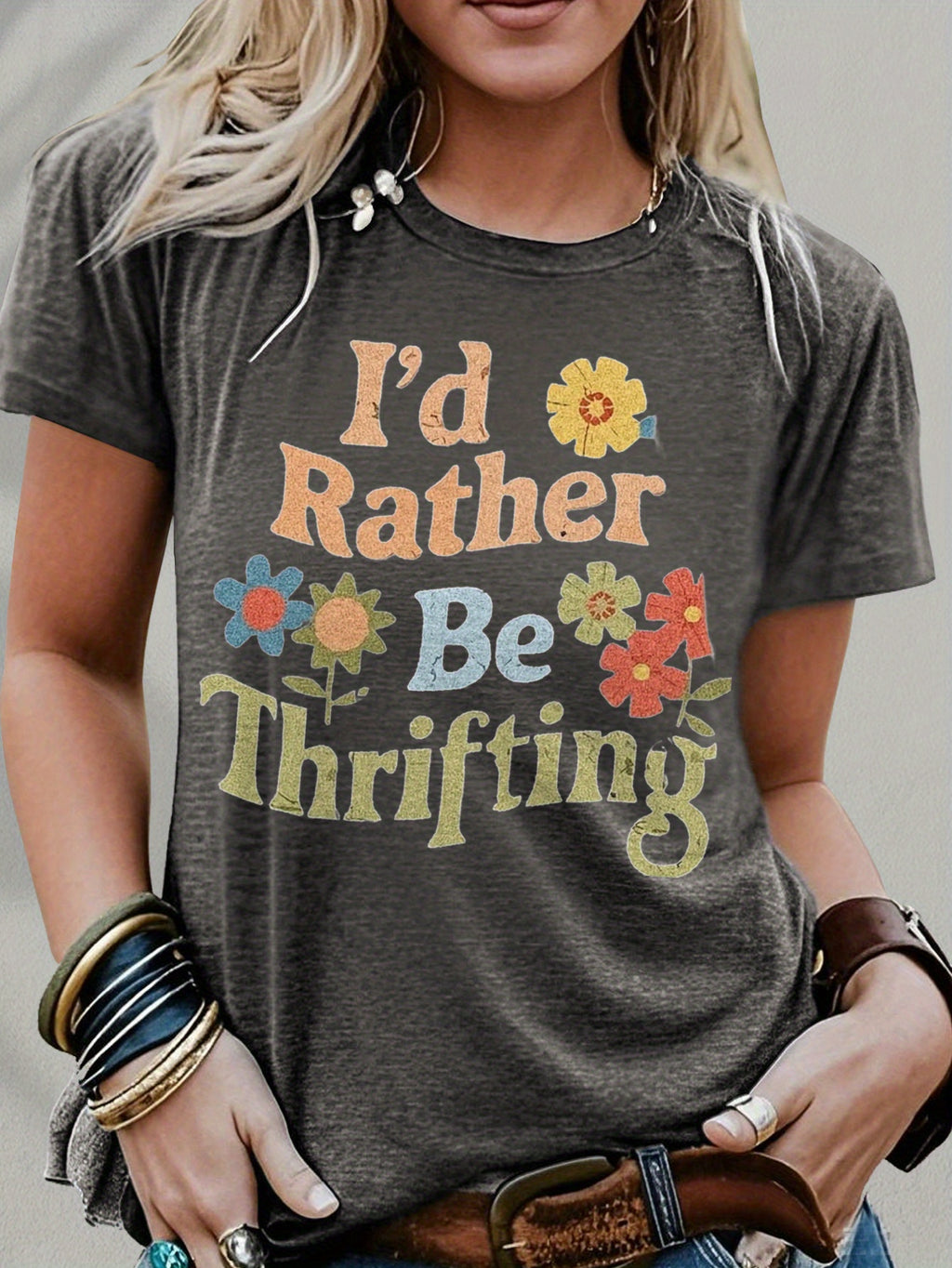 Women's 'I'd Rather Be Thrifting' Graphic Tee Vintage Crew Neck Short Sleeve Casual T-Shirt Navy Red S-XXL