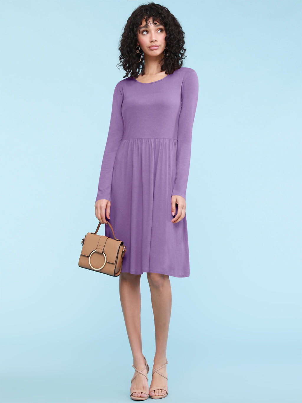 Long Sleeve Flowy Dress with Pockets Women Casual Soft Breathable Relaxed Fit Everyday Dress 18 Colors S-XXL