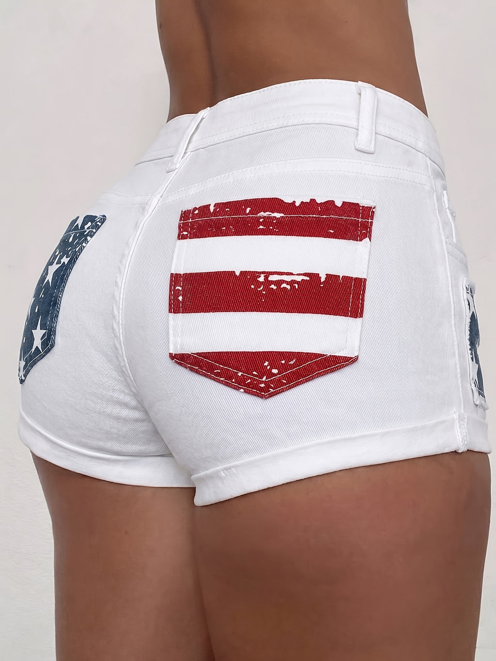 Retro Star Print Denim Shorts Women Low Waist White Washed Stripe Frayed Trim Hot Pants Casual Summer Y2K Cute Outfits
