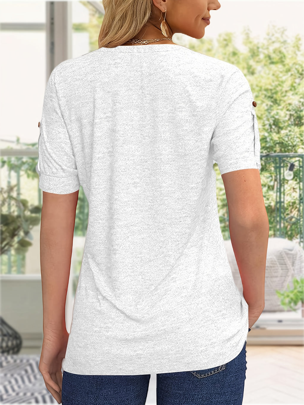 Button Front V-Neck Top Women Pleated Detail Short Sleeve Solid Color Casual Summer Blouse Lightweight Breathable Machine Washable