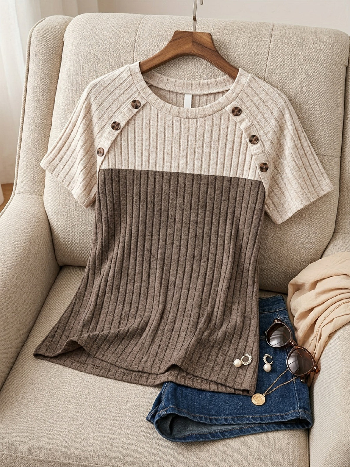 Two-Color Colorblock Pullover Top Women Round Neck Tie Button Short Sleeve Loose Casual Elegant Basic Shirt S-XXL
