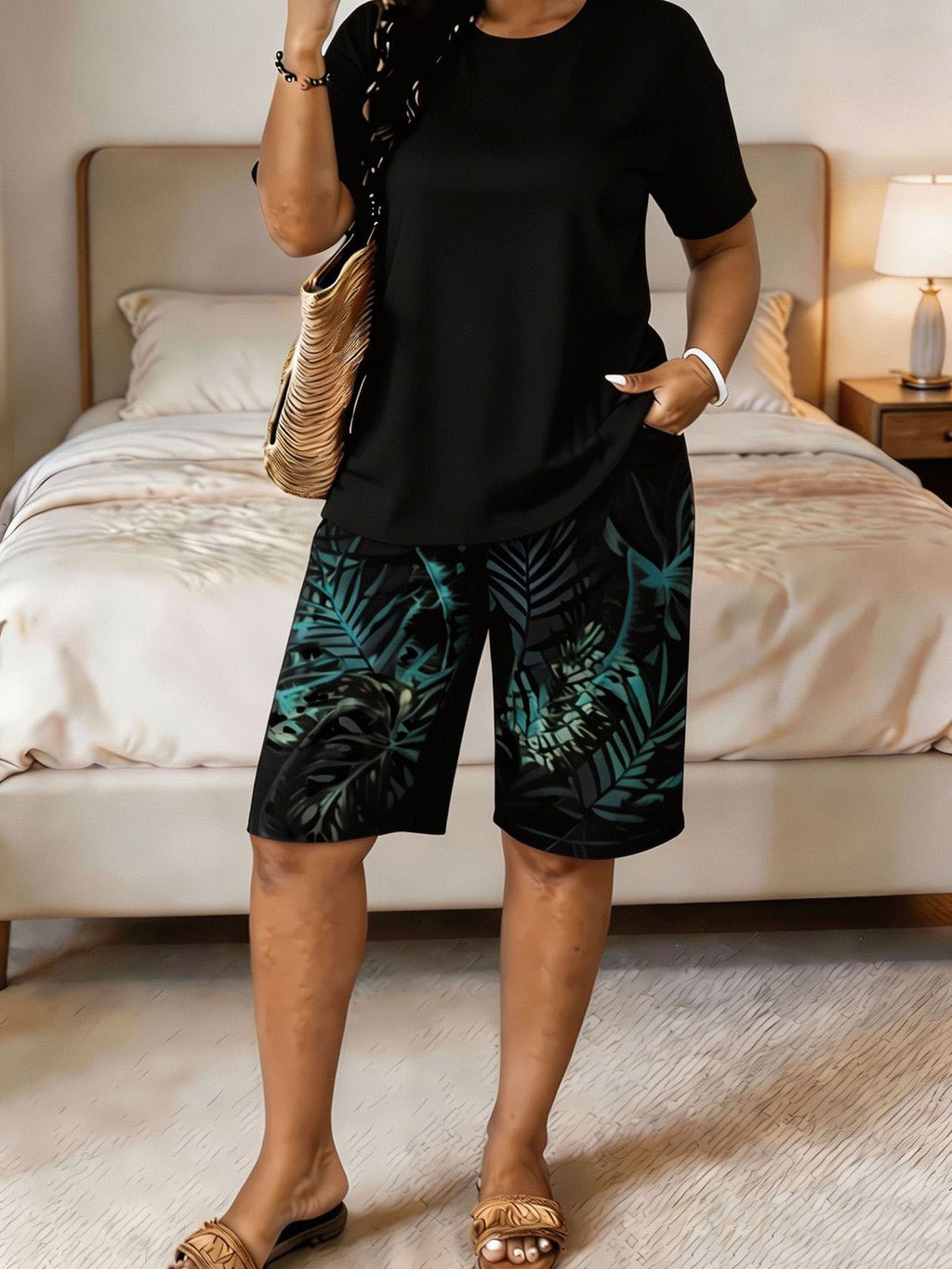 Tropical Banana Leaf Print Two-Piece Loungewear Set Short Sleeve Top & Shorts Women Summer Outfit