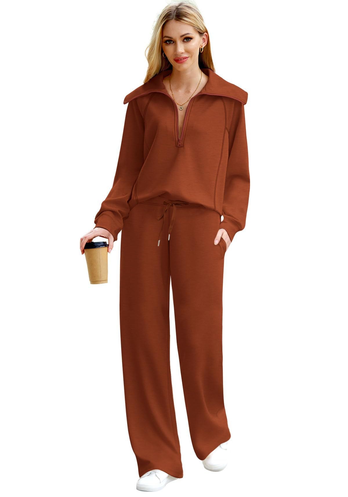 Zipper Sweatshirt Wide-Leg Pants 2 Piece Set Women Casual Tracksuit Outfit for Spring Fall - Loose Fit Jogger Co-ord Set