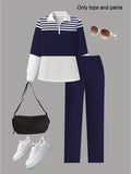 Navy White Striped Half-Zip Collared Top and High-Waisted Fitted Pants 2-Piece Set Casual Chic M-XXL