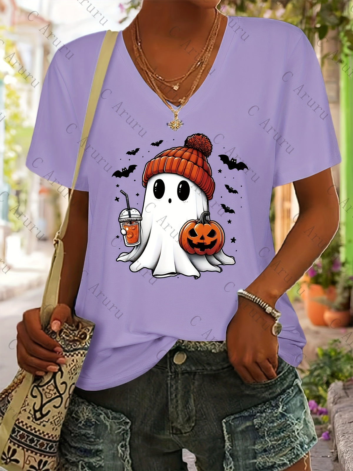 Ghost Print V-Neck T-Shirt Women Casual Short Sleeve Graphic Tee Fun Holiday Gift Spring Summer Top S-XXL