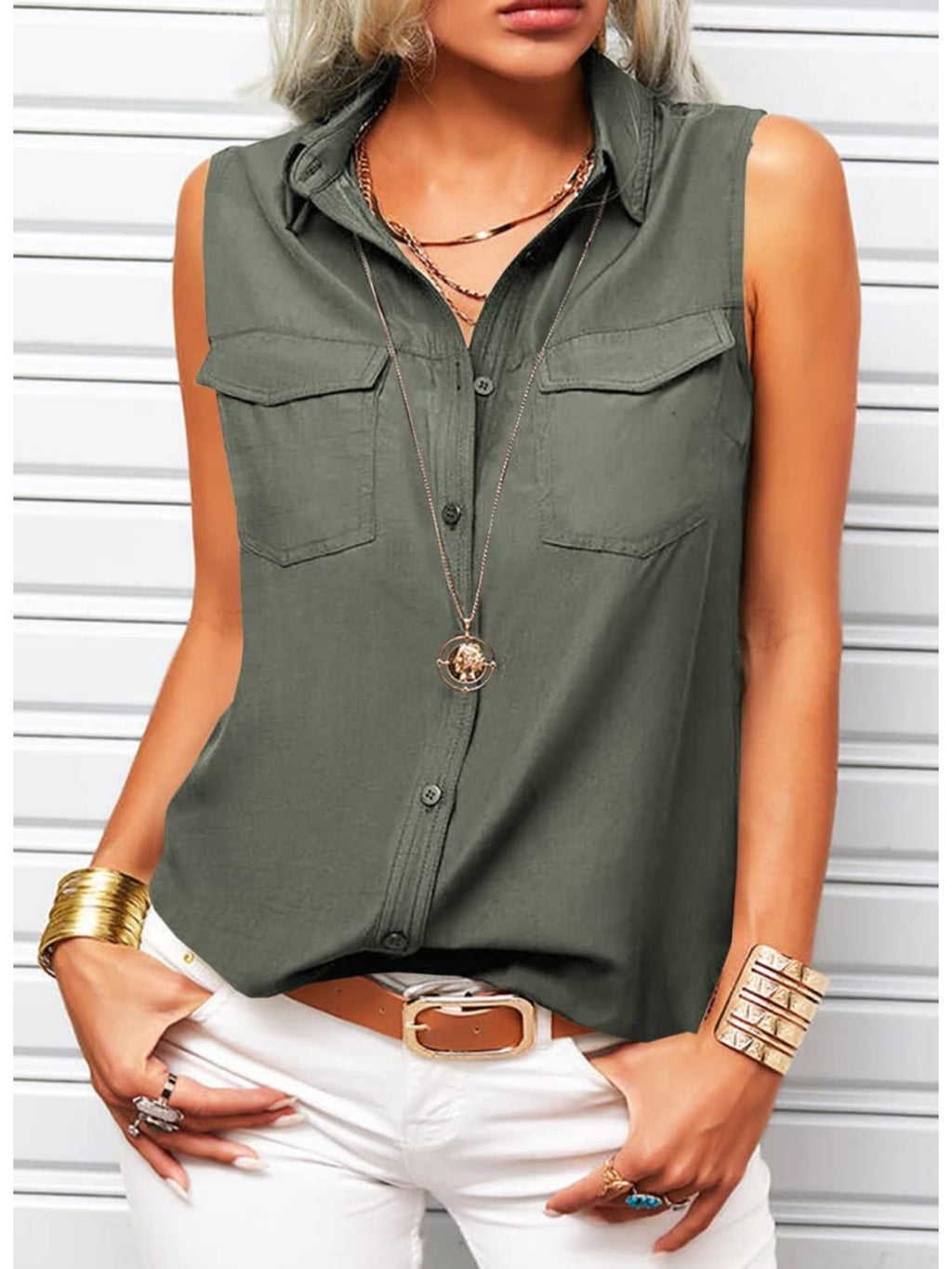 Sleeveless Button Lapel Shirt Women Solid Color Office Tank Top Summer | Casual Work Collared Vest Blouse Lightweight Everyday Wear S-XXL