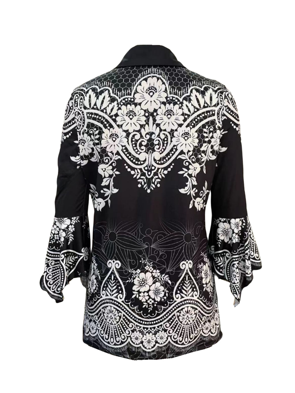 Printed Lapel Button-Up Top Three-Quarter Irregular Sleeve Women's Casual Blouse Spring Fall Stretch Knit S-XXL