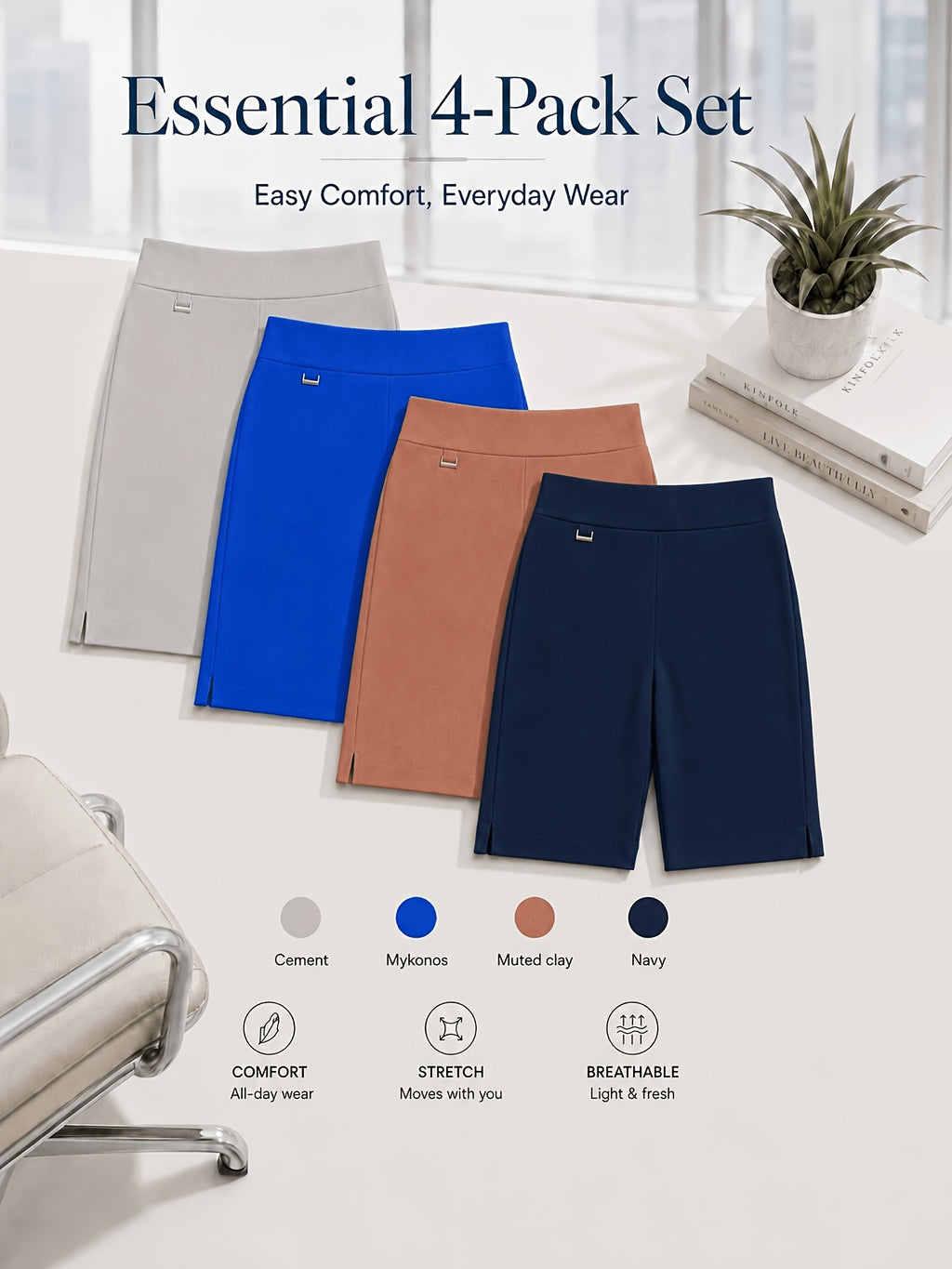 Women's Bermuda Shorts 4-Pack Pull-On Stretchy Breathable Knee Length Work Shorts with Side Slit Hem Skin-Friendly Multi-Color Set