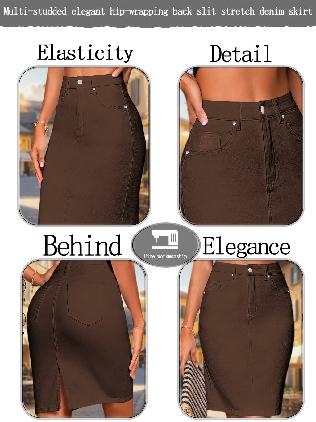 Women Stretch Denim Bodycon Skirt High Waisted Knee Length Back Slit Multi-Stitch Casual Dressy Spring Summer Fall