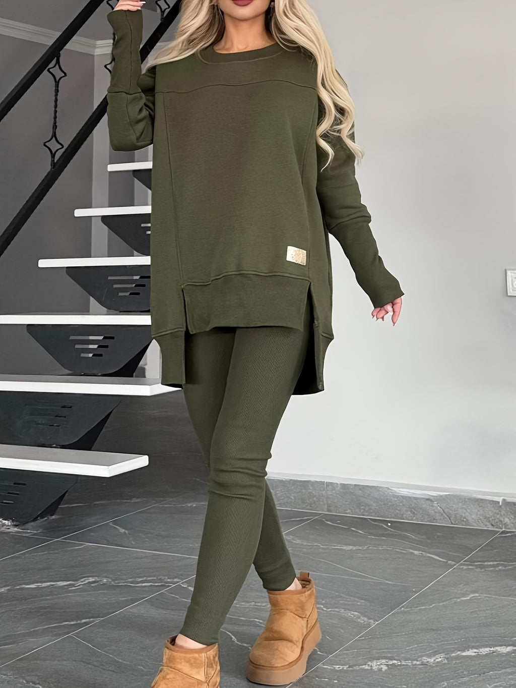 Women's Solid Color 2pcs Set Slit Long Sleeve Round Neck Top & Pants Casual Chic Spring Workplace Commute Matching Outfit
