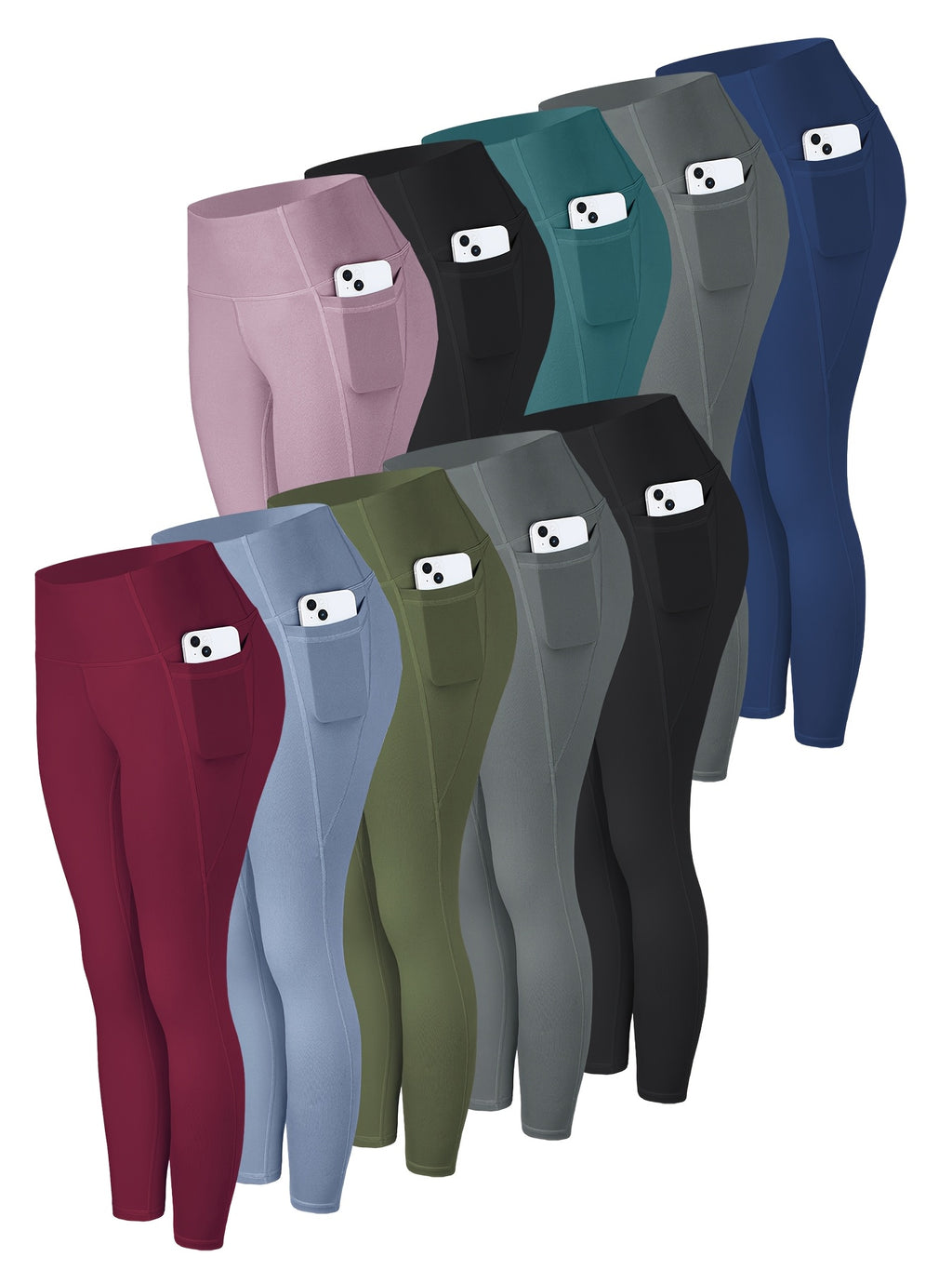 10pcs Solid Color High Waisted Leggings for Women – Cropped Tight Leggings with 2 Pockets, Multicolor