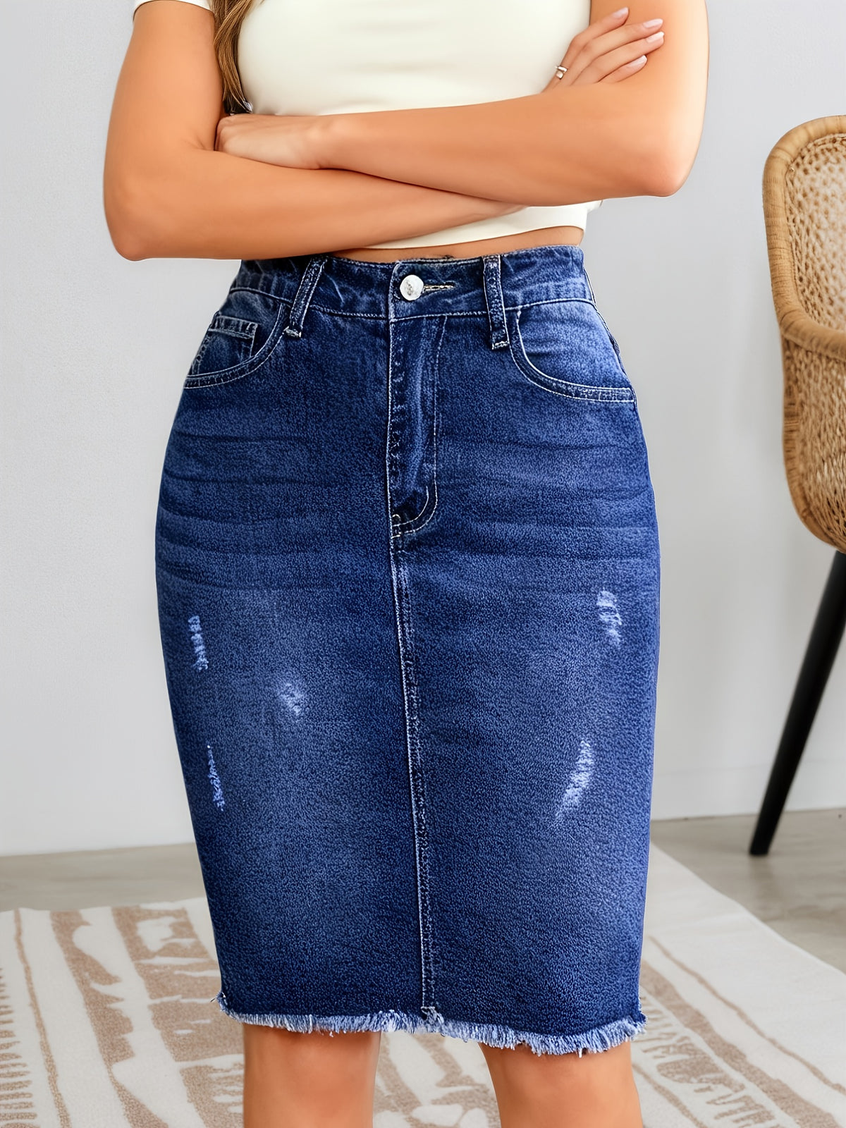 Mid Waist Stretch Slim Fit Denim Skirt Women Distressed Frayed Hem Hole Design Blue Elegant Casual S-XXL