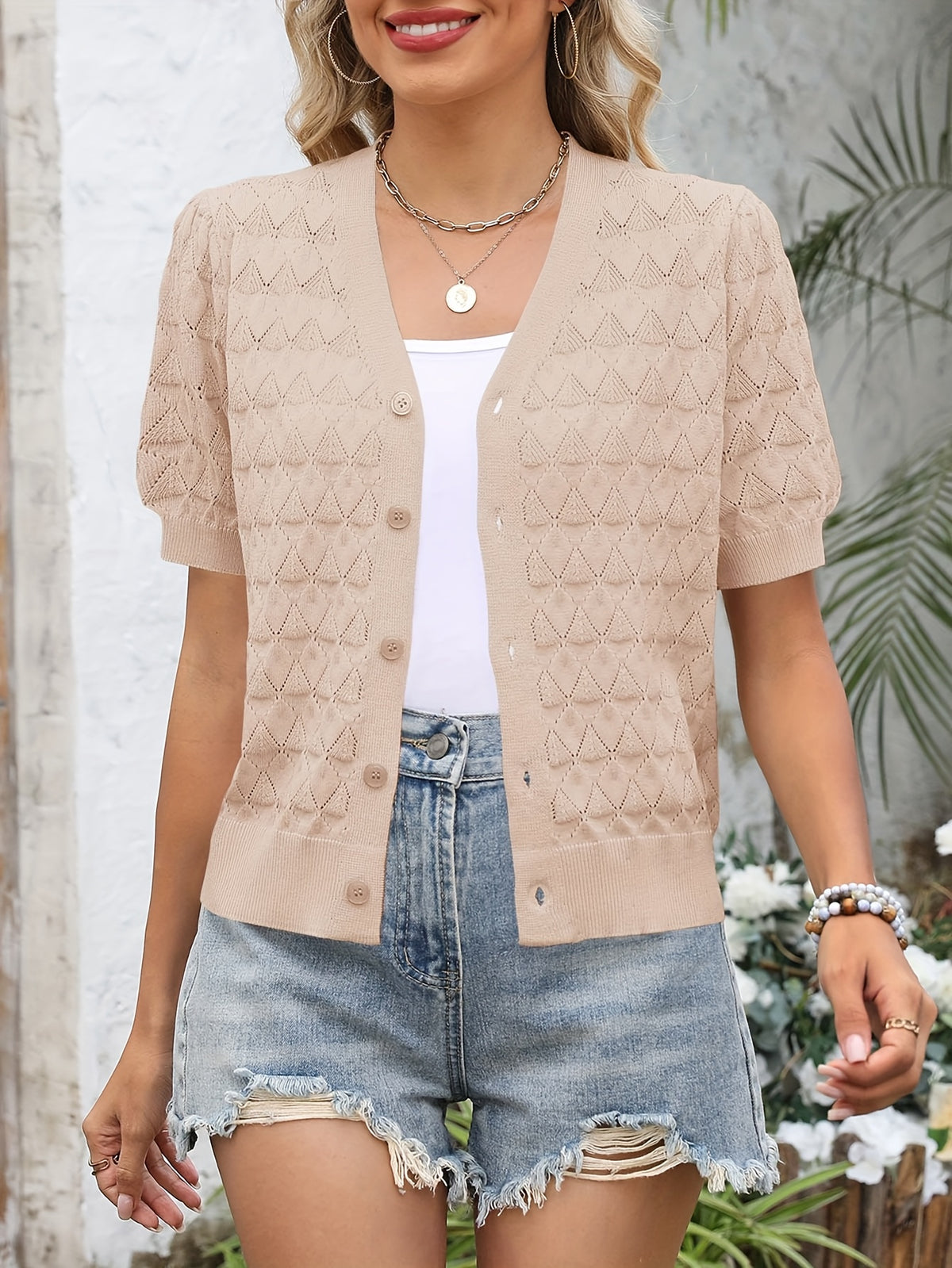 Women's Cropped Crochet Cardigan Puff Sleeve Linen Blend Sheer Lace Knit Short Top Breathable Lightweight Spring Summer Boho Fashion