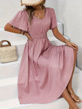 Polka Dot Swing Dress Women V-Neck Ruffled Sleeve Casual Long Dress Waist Enhancing Spring Summer Lightweight Pale Pink Gray Light Blue Green S-XXL