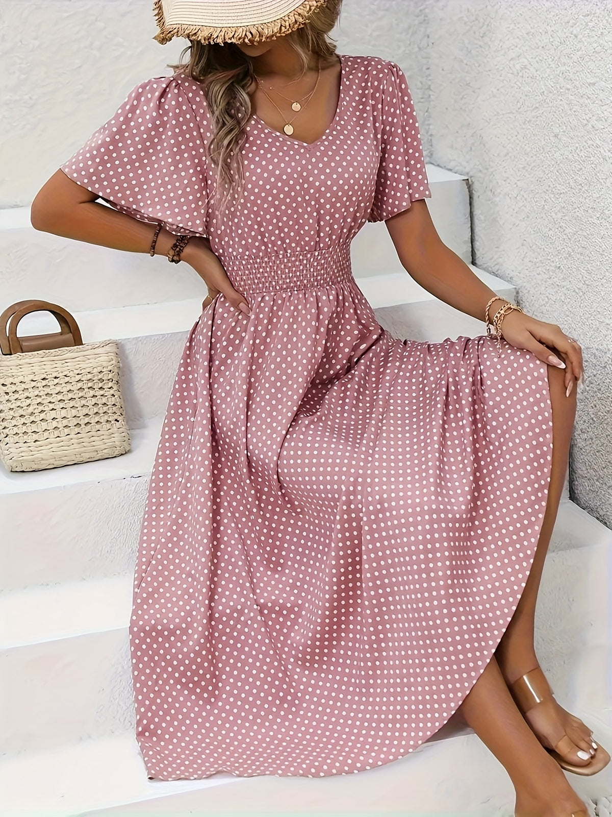 Polka Dot Swing Dress Women V-Neck Ruffled Sleeve Casual Long Dress Waist Enhancing Spring Summer Lightweight Pale Pink Gray Light Blue Green S-XXL