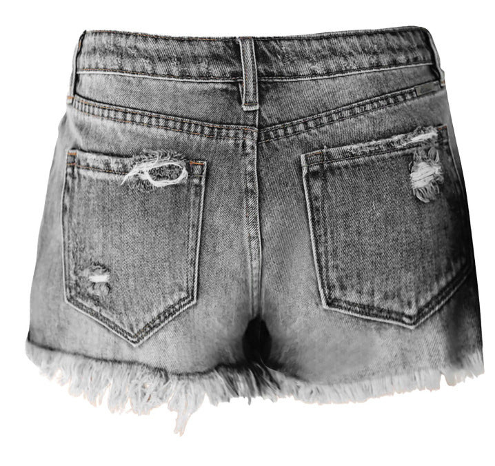 Ripped Denim Shorts for Women High Waist Distressed Raw Hem Stretch Vintage Casual Streetwear Short Jeans Blue Grey S-XXL