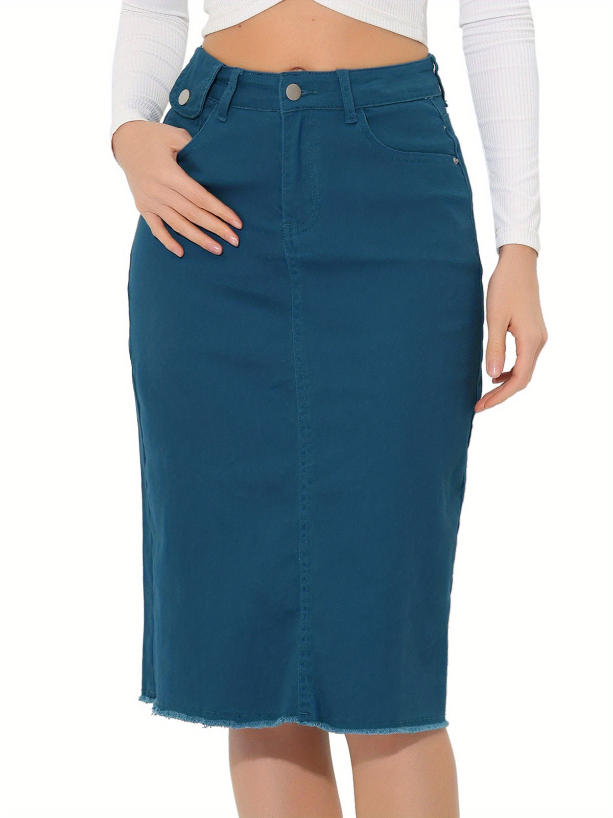 High Waist Denim Midi Skirt Women A-Line Back Slit Stretch Casual Jean Skirt Raw Hem Flared Spring Summer 2025