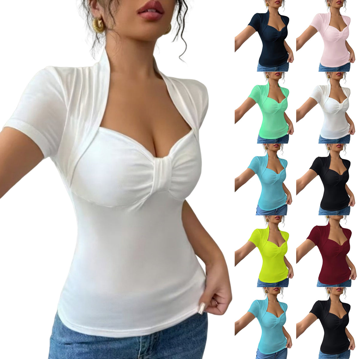 Sweetheart Neck Ruched Front T-Shirt Women Short Sleeve Slim Fit Stretch Tee Solid Color Fitted Casual Top Daily Work Travel Streetwear S-XXL