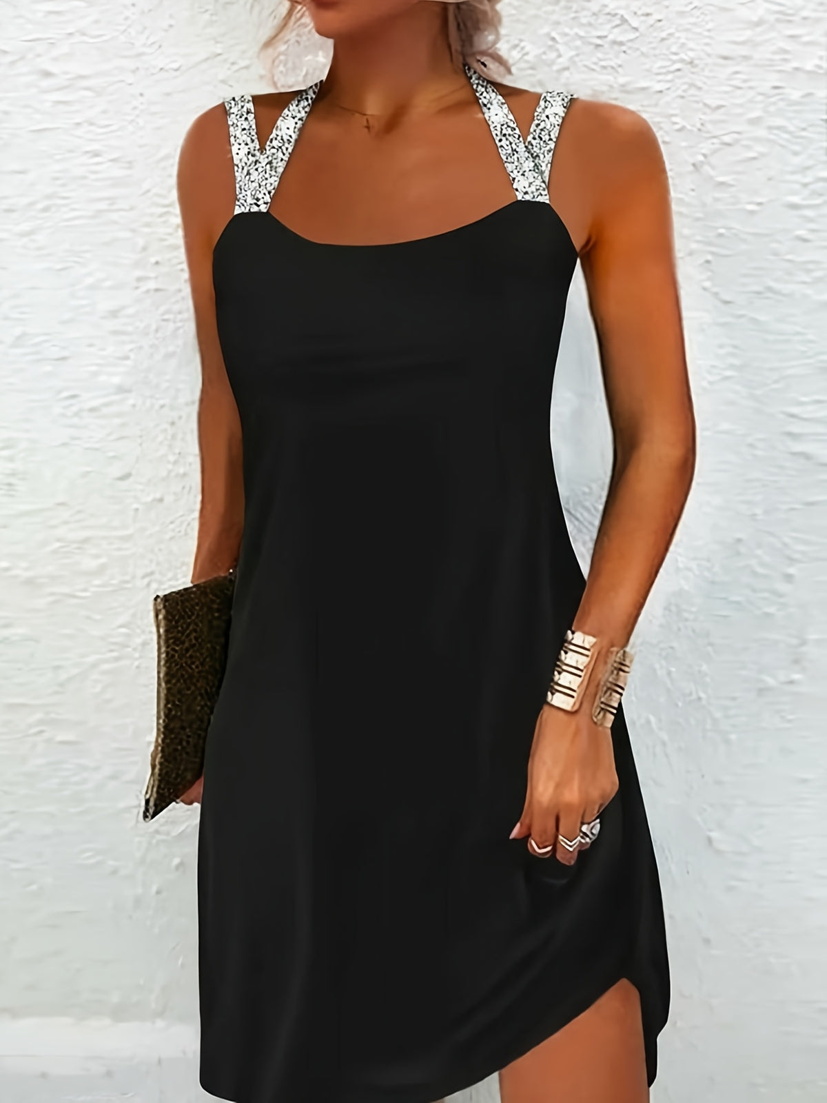 Shiny Cross-Strap Geometric Print Dress Women Sleeveless Knee-Length Bodycon Party Dress Spring Summer Fall Elegant Going Out S-XXL