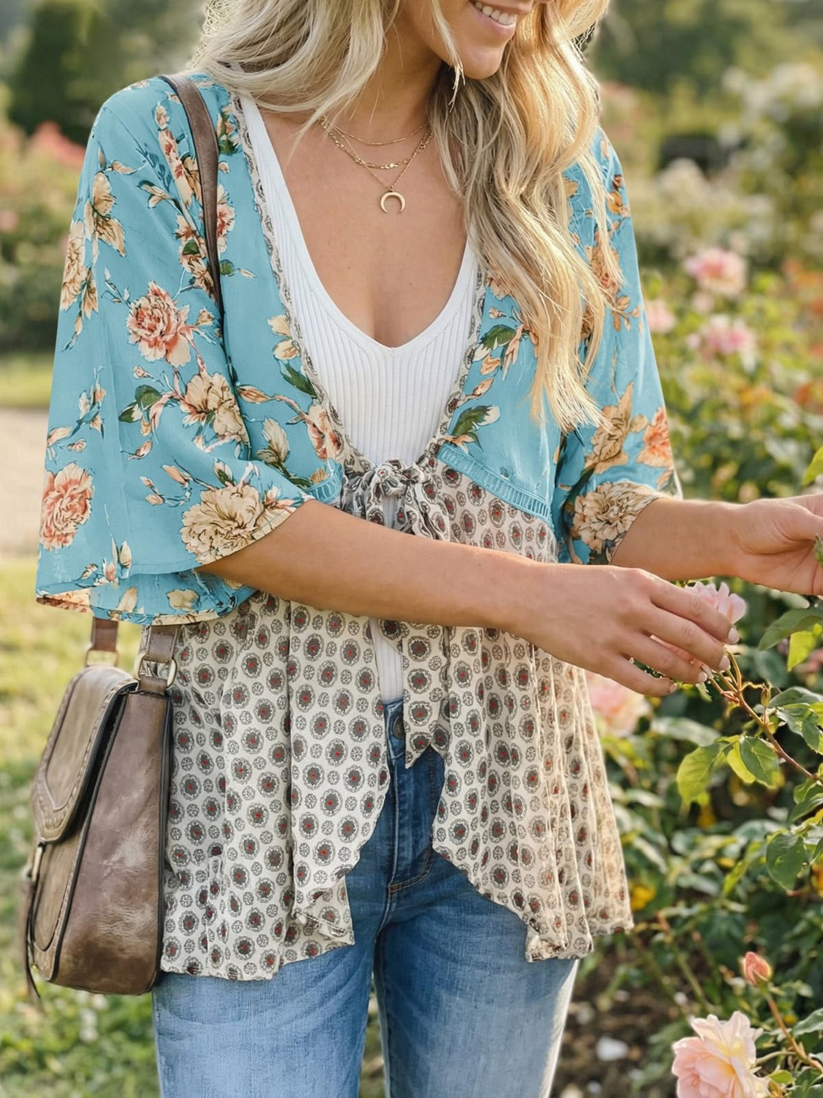 Floral Kimono Cardigan for Women – 3/4 Ruffle Sleeve Lightweight Patchwork Boho Tie Flowy Loose Cover-Up Top