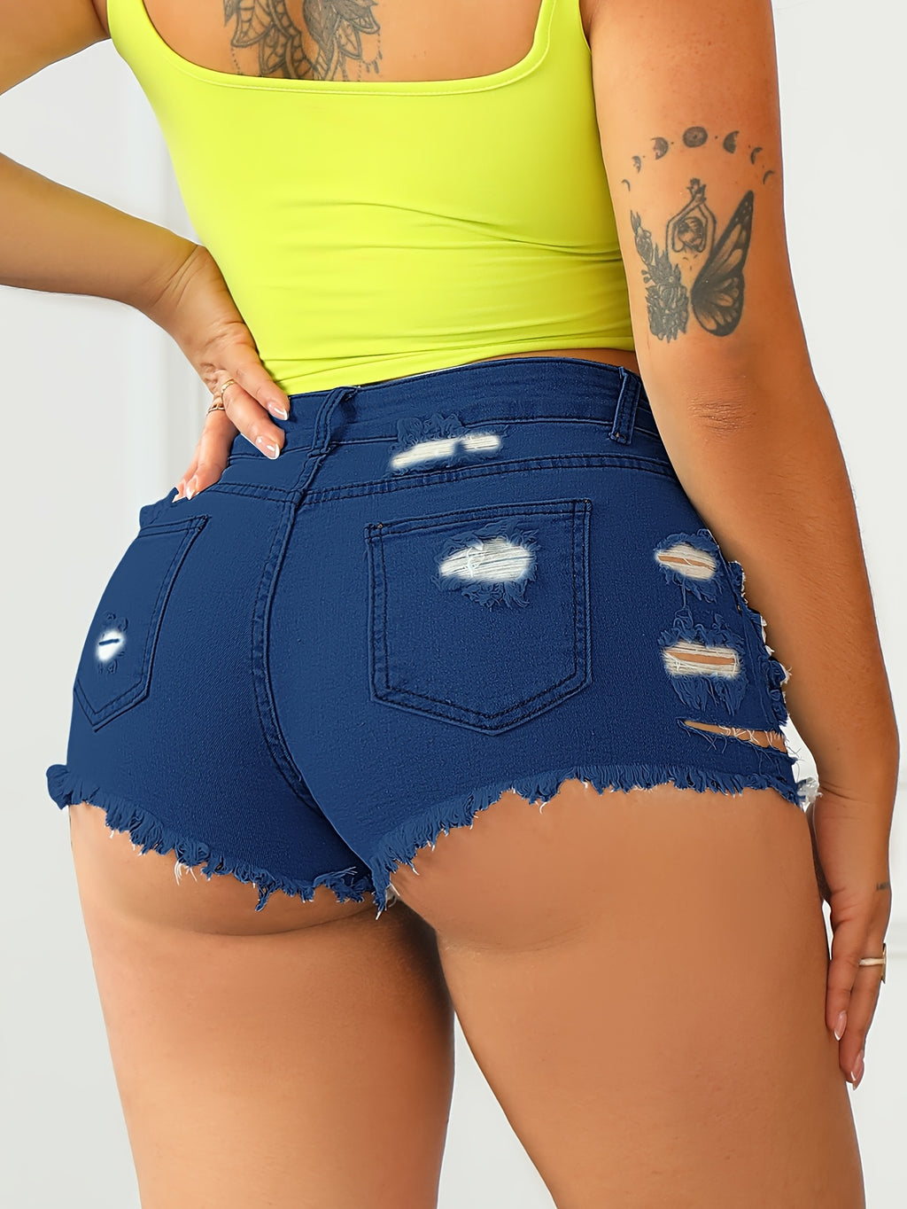 Ripped Denim Shorts Women Stretch Skinny Mid-Rise Distressed Hem Slim Fit Jeans Short Casual Summer Outfits Light Dark Blue S-XXL Everyday Wardrobe Staple