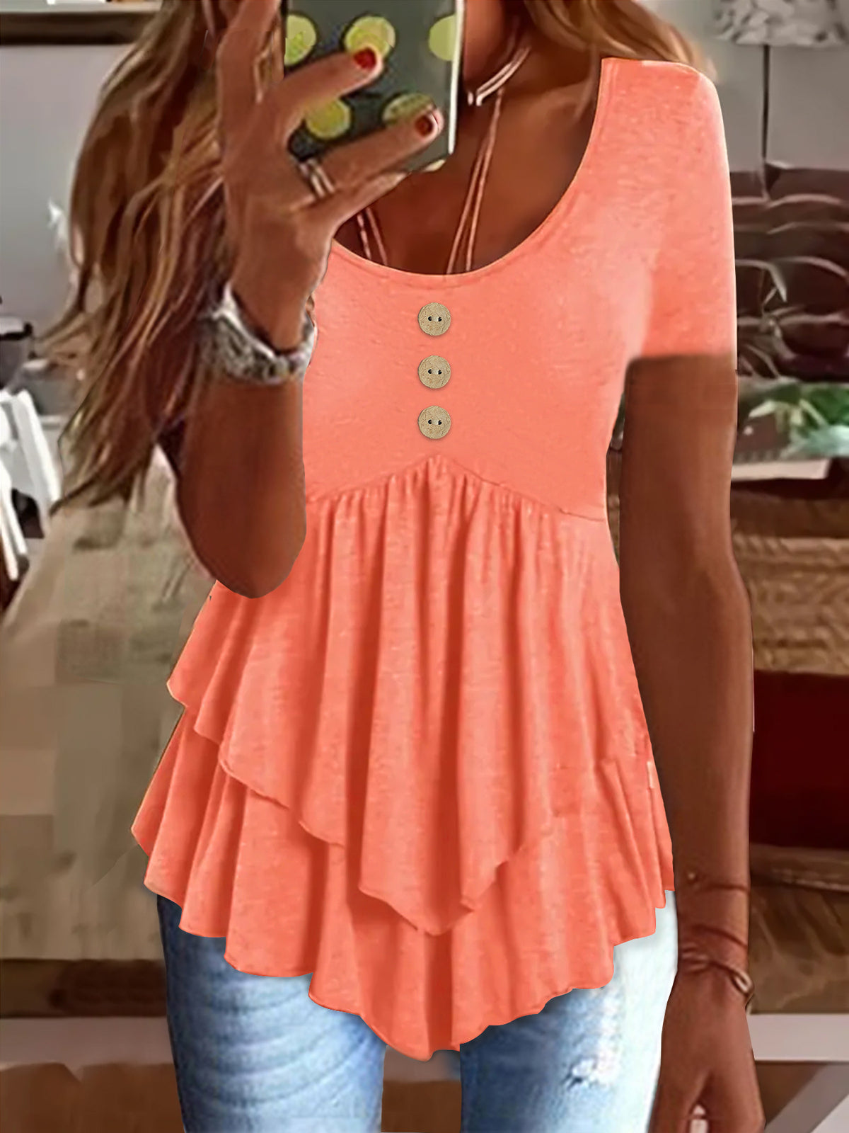 Women's Short Sleeve Round Neck Ruffle Button Blouse Casual Versatile Top for Daily Wear Multi-Color S-XXL