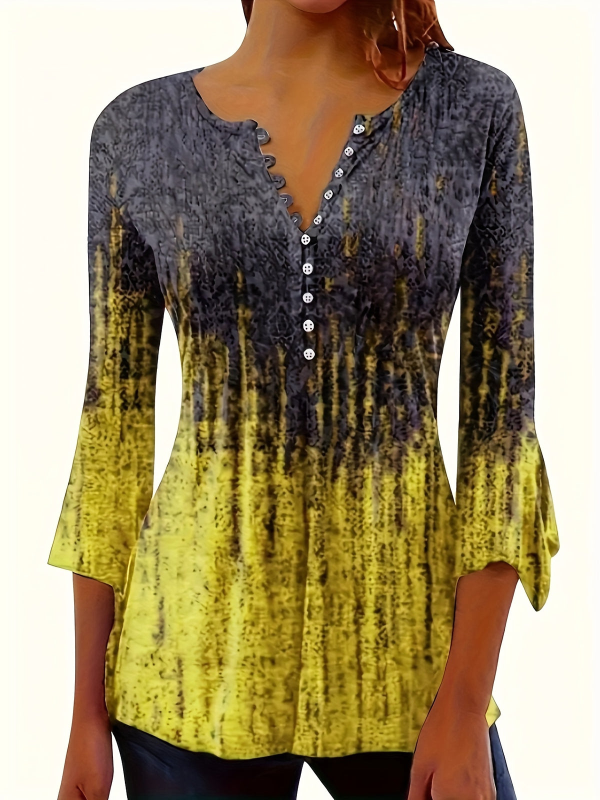 Ethnic Graphic Print T-Shirt Women Vintage Button Front Crew Neck Casual Boho Tee Spring Summer S-XXL