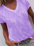 Heart Print V-Neck T-Shirt Women Short Sleeve Casual Loose Solid Color Summer Top Stretch Knit Gift Tee Spring S-XXL
