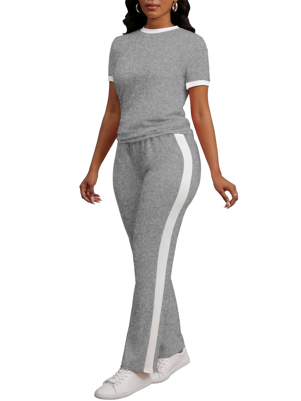 Women Colorblock 2 Piece Tracksuit Set Short Sleeve Crew Neck Top Striped Sweatpants Casual Lounge Jogger Matching Outfit for Workout Everyday Wear