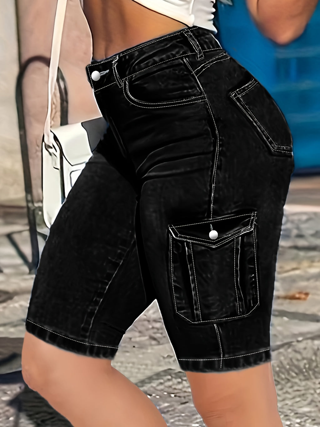 High Waisted Cropped Denim Shorts Women Black Stretchy Multi Pocket Mid Length Street Fashion Summer Travel Jean Shorts Button Closure Machine Washable S-XXL